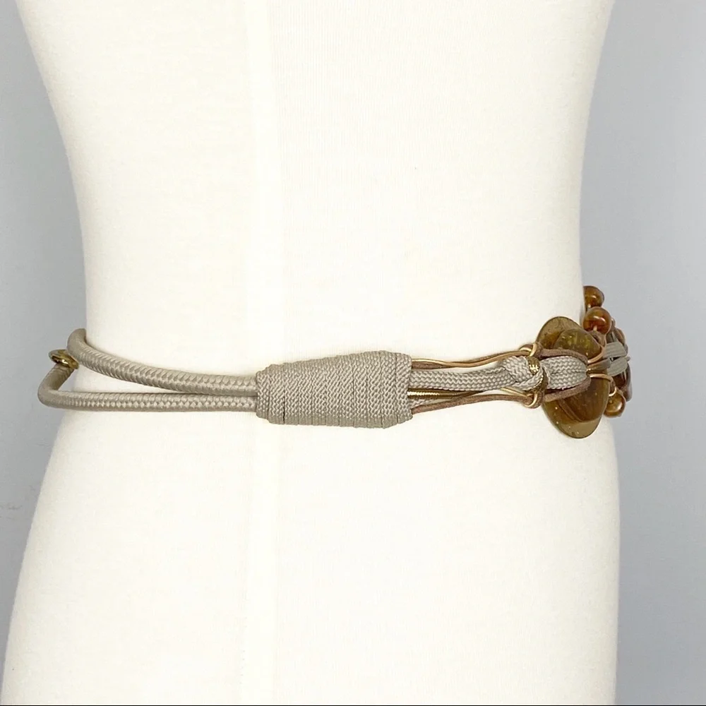 Gold-Plated Taupe Chunky Cord Belt With Glass Beading